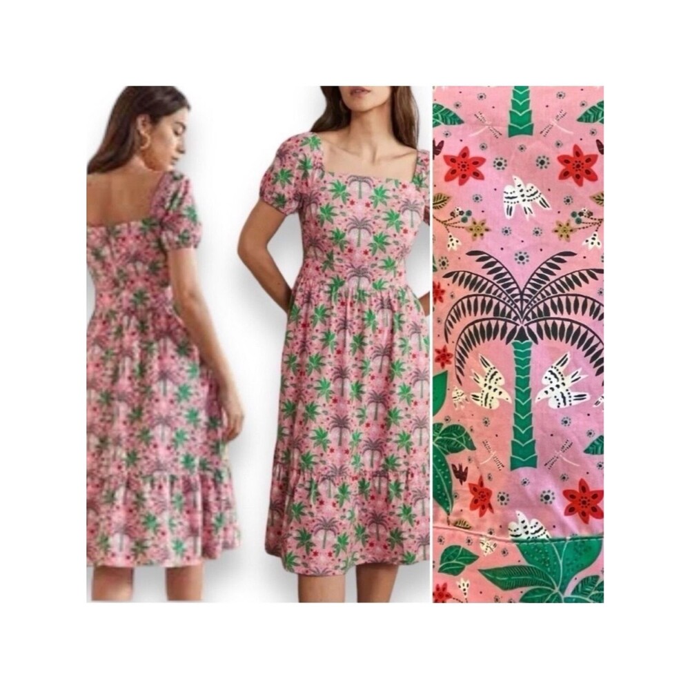 Boden Cotton Pink Palm Square Neck Tiered Midi Dress size 10R